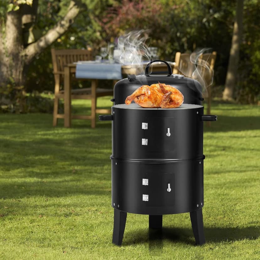 Giantex 3-in-1 Outdoor Smoker Grill, Portable Charcoal BBQ Grill with Smoker Combo, Built-in Thermometer and Air Vent, 6 Hooks, 2 Layers Vertical Steel Charcoal Smoker for Outdoor Cooking Camping
