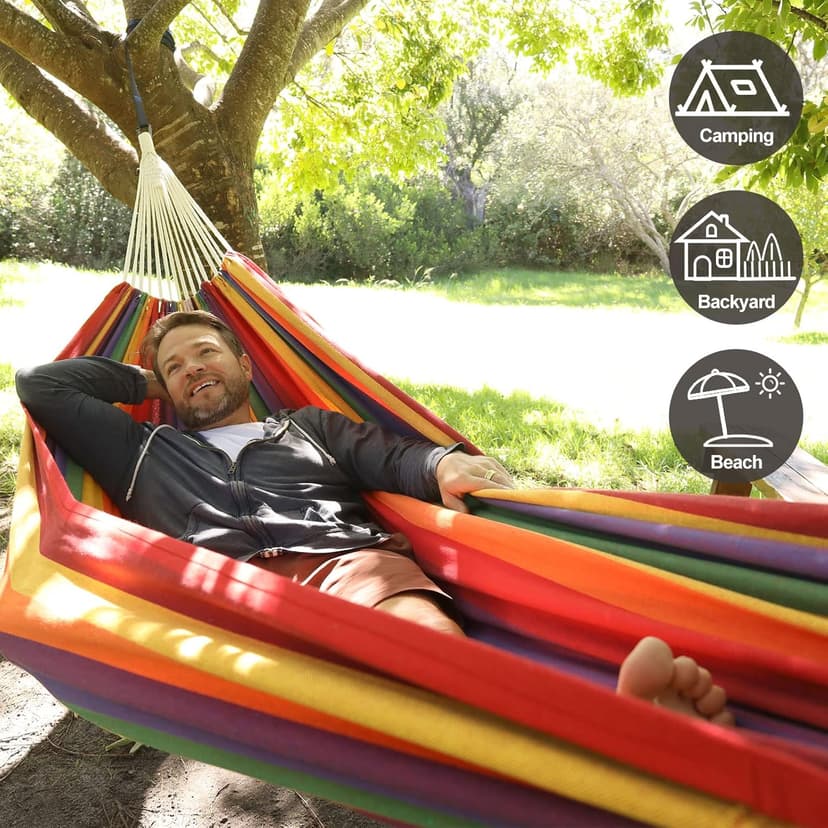 Brazilian Double Hammock with Tree Straps,Extra Large 240x160cm,2 Persons Hammock for Backyard Patio Outdoor and Indoor,450lbs Weight Capacity,Soft Woven Cotton Fabric Red Stripe