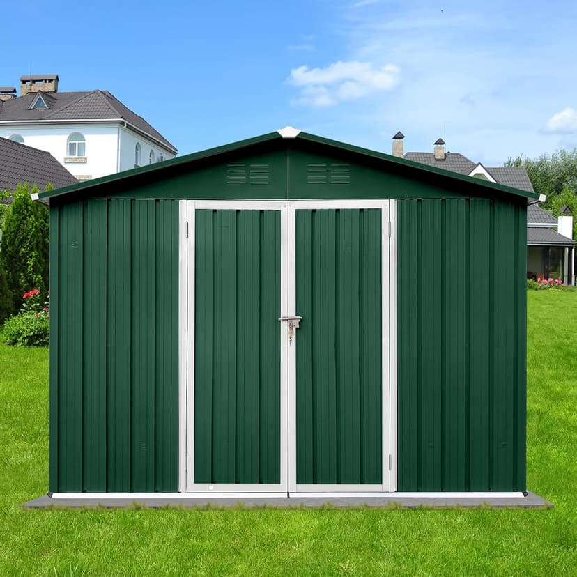 10x8 FT Metal Garden Sheds with Hinged Door and Padlock & Punched Vents,Aluminum Outdoor Storage Shed w/Eco-Friendly Painting,for Bike, Barbeque,Tool,Green+White