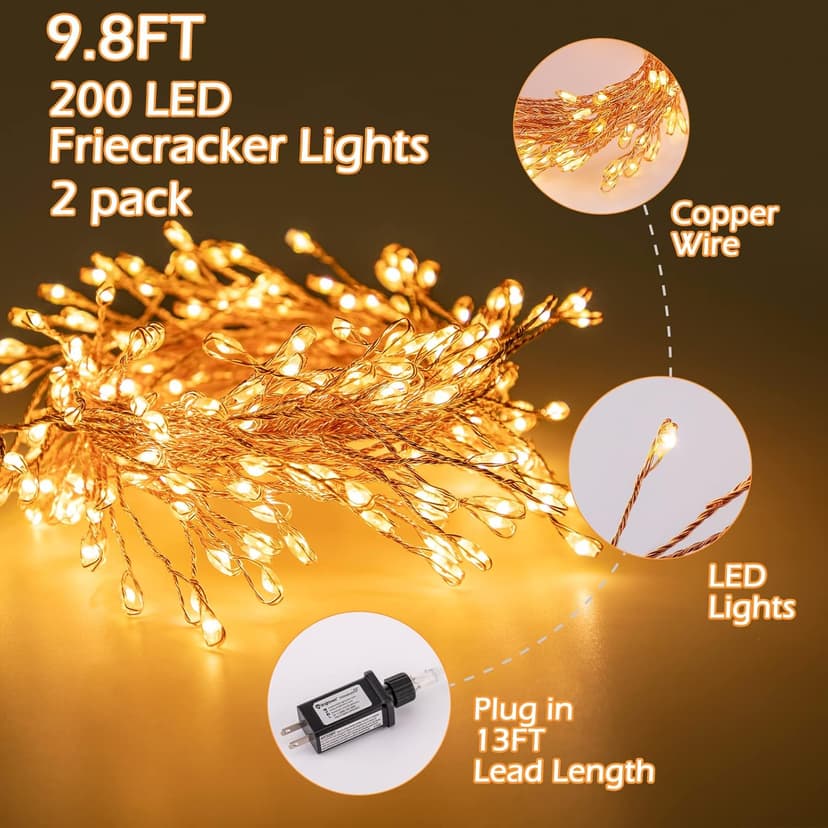 Minetom Fairy Lights Plug in, 10Feet 200 Led Cluster Lights Waterproof Firecracker Starry String Lights for Ceiling Bedroom Wreath Window Wedding Christmas Tree Decoration, Warm White (No Remote)