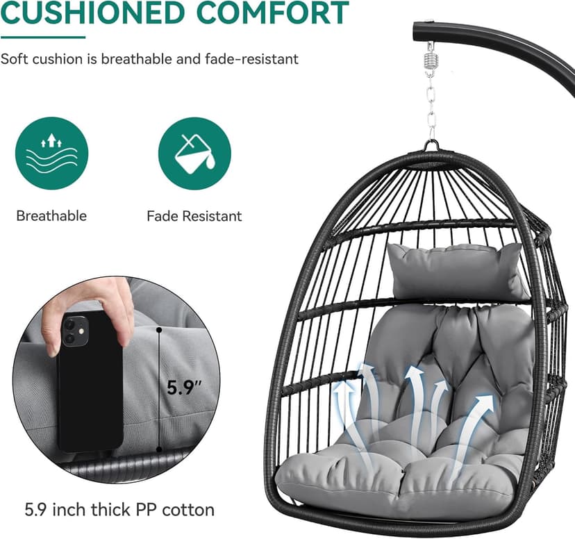YITAHOME Hanging Egg Swing Chair with Stand Egg Chair Wicker Indoor Outdoor Hammock Egg Chair with Cushions 330lbs for Patio, Bedroom, Garden and Balcony, Dark Gray(Stand Included)