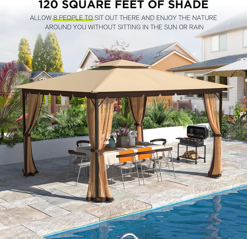 [New-Gen] Outdoor Patio Gazebo10x12,Gazebo with Mosquito Netting[Sturdy Metal Heavy Duty Frame],Outdoor Canopy Gazebos with Double Air Roofs,Outdoor Gazebo Tent,Waterproof Sunshade for Backyard/Deck