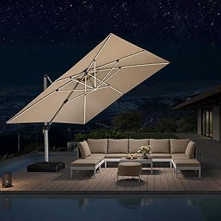 PURPLE LEAF 12 Feet Double Top Deluxe Solar Powered LED Square Patio Umbrella Offset Hanging Umbrella Outdoor Cantilever Umbrella, Beige