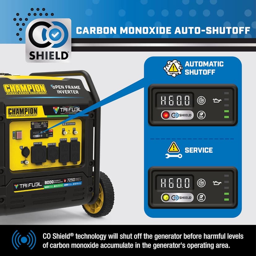 Champion Power Equipment 9000-Watt Electric Start Tri Fuel Home Backup Portable Open Frame Inverter Generator with Quiet Technology and CO Shield