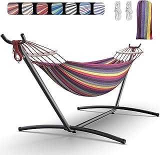 Double Hammock with Heavy-Duty Steel Stand,Portable,Easy Assembly,600lbs Weight Capacity,Perfect for Indoor,Yard,Camping,or Outdoor-Rainbow