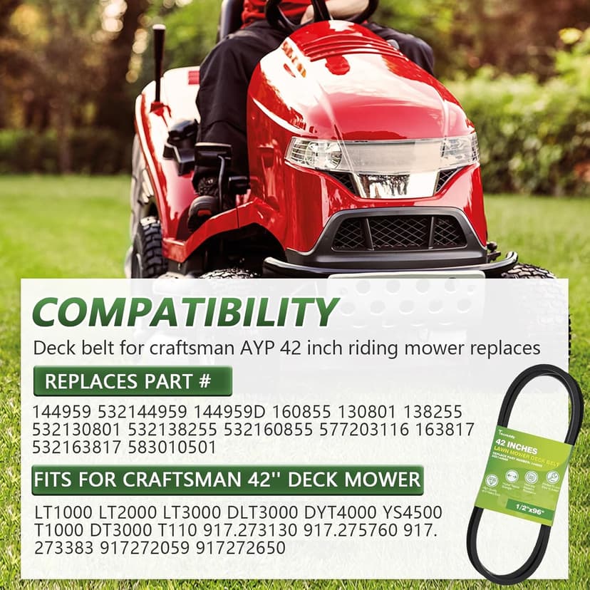 144959 Deck Belt Compatible with Craftsman LT1000 LT2000 LT3000 42'' Riding Lawn Mower Drive Belt Repalce 532144959 130801 532138255 138255 160855 24690 144959D (1/2" X 96")