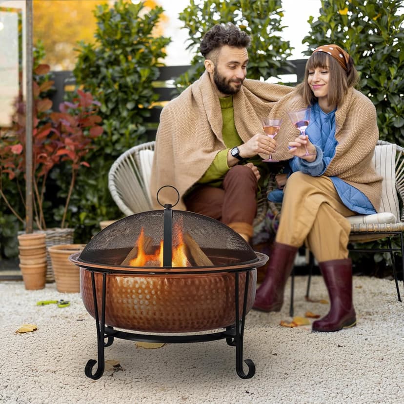 26.5" Genuine Copper Wood Burning Fire Pit w/Spark Screen, Lift Tool, Grate #65126