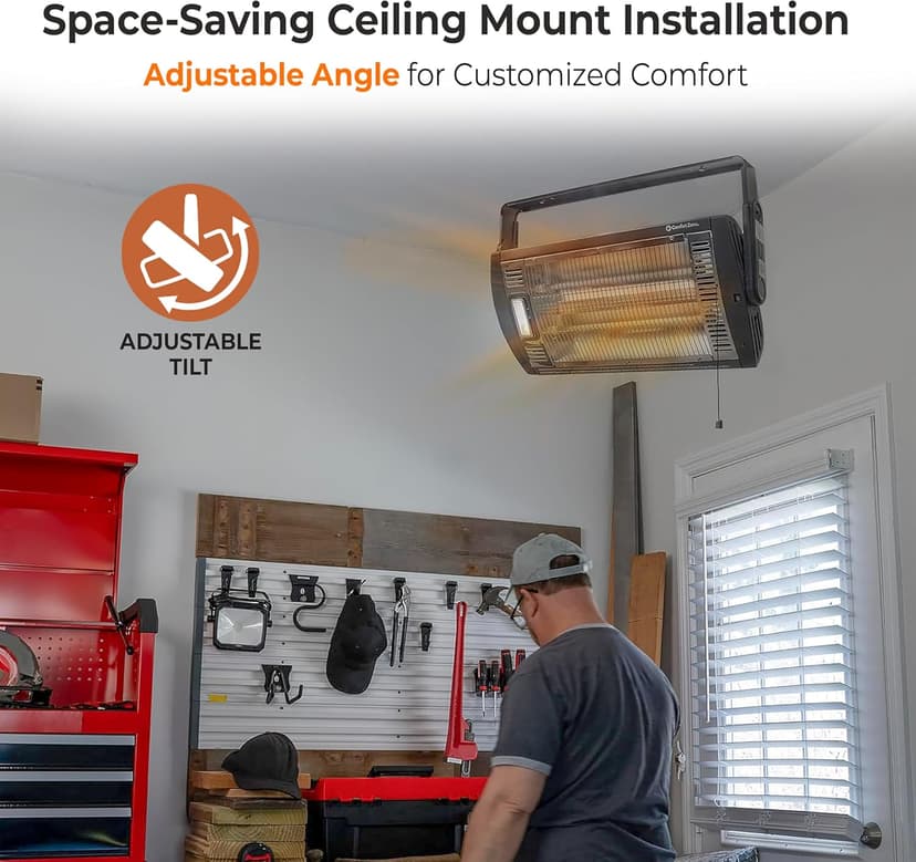 Comfort Zone Ceiling Mounted Space Heater, 90 Degree Adjustable Tilt, Dual Quartz, Radiant, Electric, Safety Grille, Overheat Protection, Hardware Included, Ideal for Workshop, Garage, 1,500W, CZQTV5M