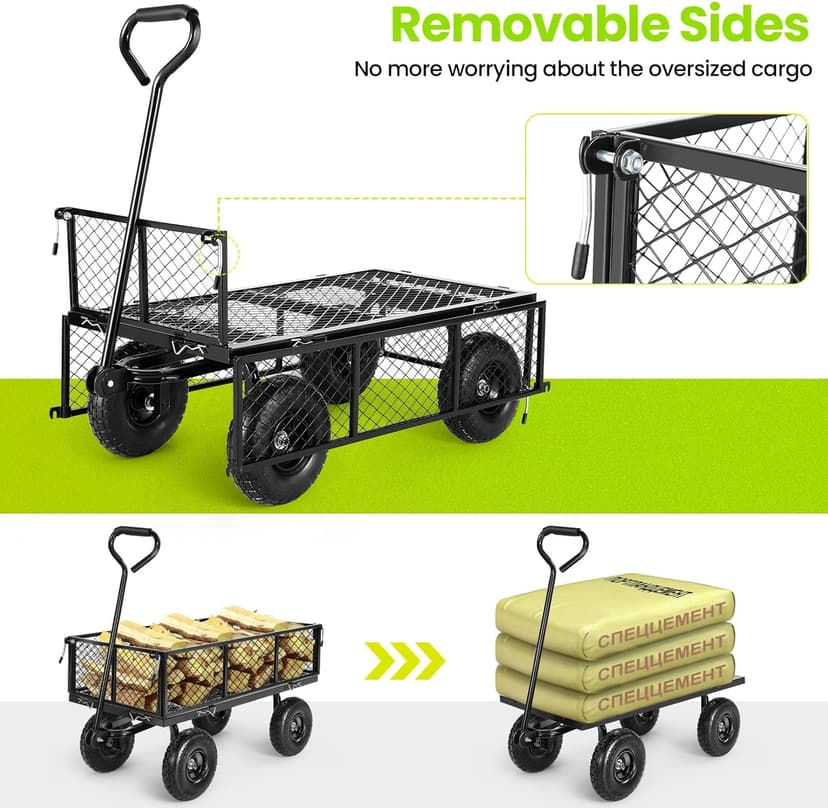 Homdox Steel Garden Cart 680 lbs Capacity Heavy Duty Garden Wagons,with Removable Steel Mesh Sides to Convert into Flatbed,Utility Metal Wagon w/ 180°Rotating Handle (Black, 680lbs)