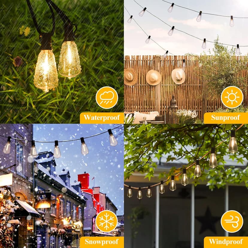 Brightever LED Outdoor String Lights 100FT Patio Lights with 52 Shatterproof ST38 Vintage Edison Bulbs, Outside Hanging Light Waterproof for Porch, Deck, Garden, Backyard, Balcony, Dimmable 2700K