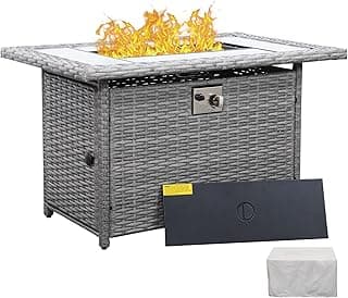 60000 BTU Wicker Gas Fire Pit Outdoor Fire Pit Table 45 Inch Fire Pits for Outside with Woodgrain Marble Tabletop Fire Pit Cover and Blue Crystal Beads