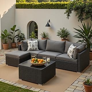 Patio Furniture Set, 5PCS Outdoor Sectional with Ottoman Wicker Rattan Patio Couch with Thickened Cushion Modular Wicker Patio Conversation Set with Glass Top Table for Balcony, Backyard (Grey)