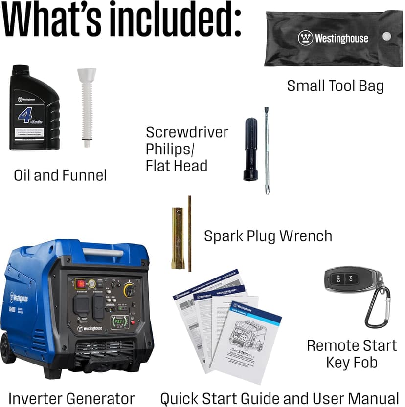 Westinghouse 5000 Peak Watt Super Quiet Portable Inverter Generator, Remote Electric Start with Auto Choke, Wheel & Handle Kit, RV Ready, Gas Powered, Parallel Capable
