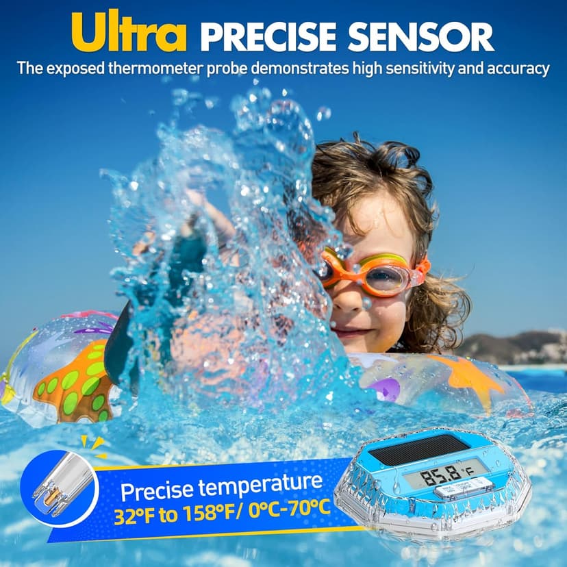 Solar Digital Pool Thermometer Floating Easy Read, Large LCD Screen Pool Thermometer with Light Show, IP68 Waterproof Water Temperature for Hot Tub,Spa