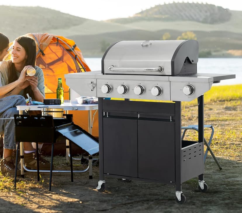 4 Burner Outdoor Propane Gas Grill with Side Burner & Thermometer, Stainless Steel Barbecue Grill with Wheels for Patio BBQ Cooking, Camping