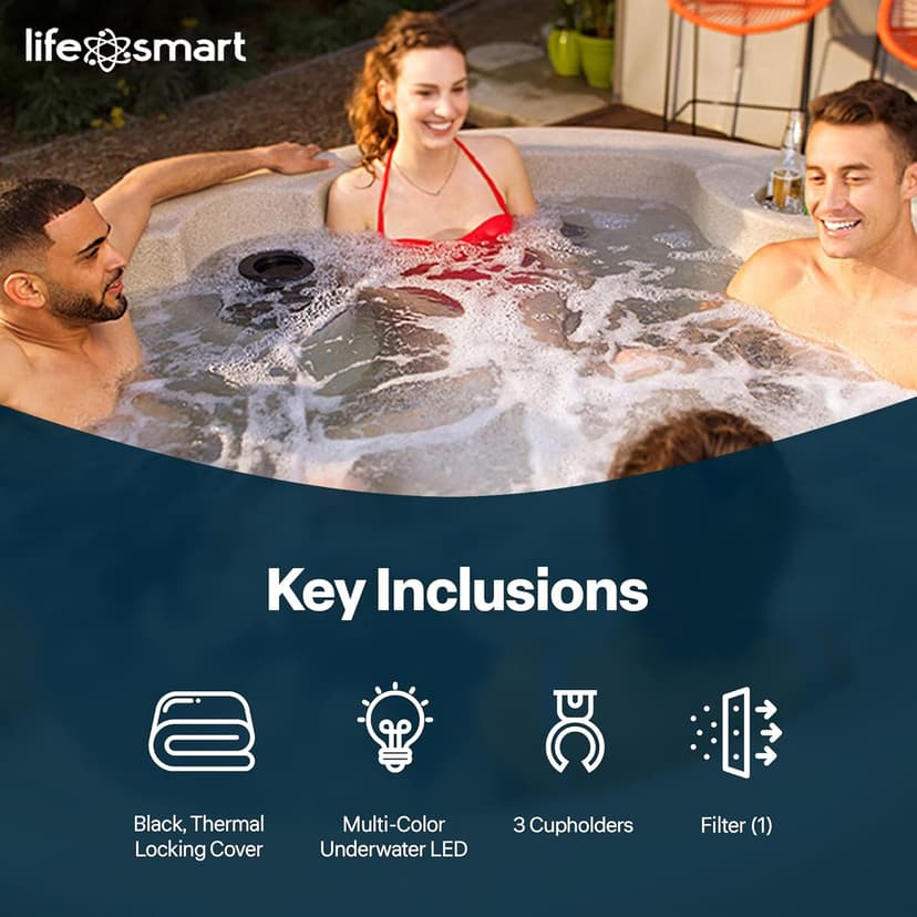 LifeSmart 4-Person Hot Tub, Outdoor Spa with Cover and LED Lights, Circular, Beige - Above-Ground Spa Machine with Accessories for Home and Personal Relaxation