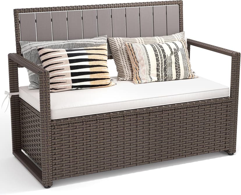 YITAHOME 70 Gallon All-Weather PE Rattan Storage Bench, Waterproof Deck Box Seat for Patio Furniture, Outdoor Cushions, Pool & Garden Tools, Brown