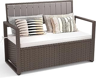 YITAHOME 70 Gallon All-Weather PE Rattan Storage Bench, Waterproof Deck Box Seat for Patio Furniture, Outdoor Cushions, Pool & Garden Tools, Brown