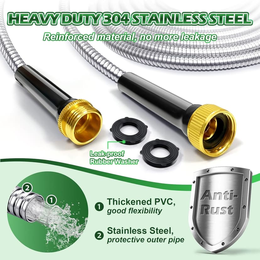Garden Hose 100 ft - Stainless Steel Water Hose 100ft with 10 Function Nozzle, No Kinks & No Tangles, Flexible, Lightweight, Puncture & Rust Proof Metal Garden Hose for Yard, RV, Garden, Outdoor