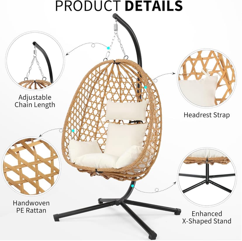 Egg Chair with Stand, Patio Wicker Hanging Chair, Hammock Swing Chair, 350LBS Capacity for Bedroom, Balcony, Garden (YE-BE)