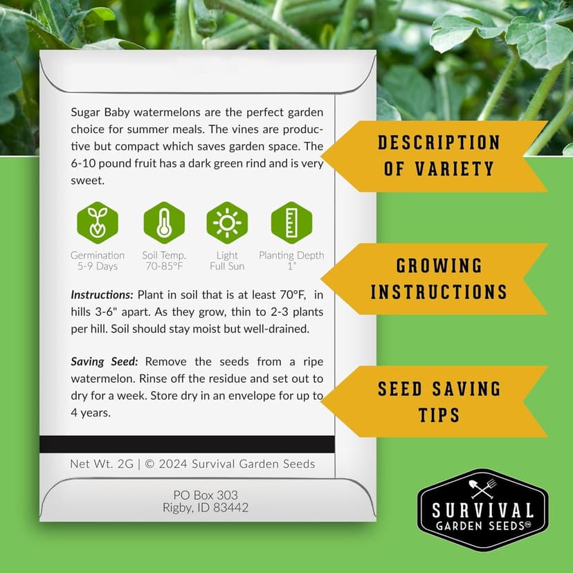 Survival Garden Seeds Sugar Baby Watermelon Seed for Planting - 1 Packet with Instructions to Plant and Grow Little Round Watermelons in Your Home Vegetable Garden - Non-GMO Heirloom Variety