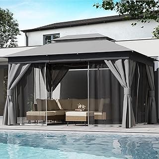 LAUSAINT HOME Outdoor Patio Gazebo 10'x13' with Expansion Bolts, Heavy Duty Party Tent & Shelter with Double Roofs, Mosquito Nettings and Privacy Screens for Backyard, Garden, Lawn, Smoke Grey