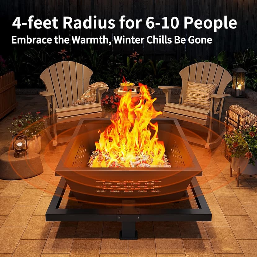 43" Large fire Pit, Square Outdoor Fire Pit with Pocker, Hight Quality Wood Burning Fire Pit for Camping, Backyard, Patio