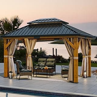 YITAHOME 11X13FT Wood Gazebo Outdoor Wooden Frame Gazebo Double Roof Hardtop Galvanized Steel Top Canopy w/Curtain and Netting, Patio Heavy Duty Gazebo for Deck, Backyard, Beige Yellow