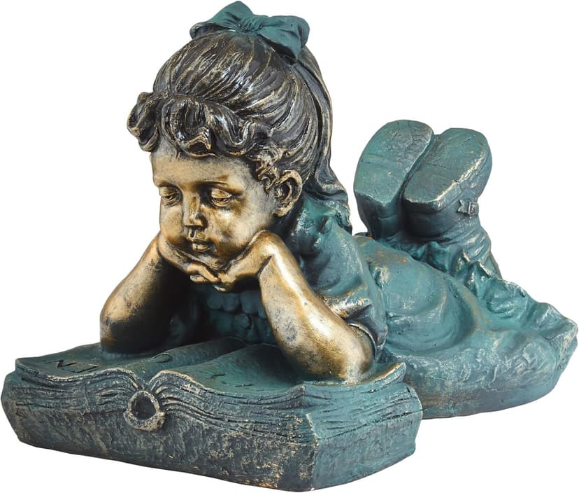 Alpine Corporation 16" Tall Indoor/Outdoor Girl Laying Down Reading Book Statue Set Yard Art Decoration