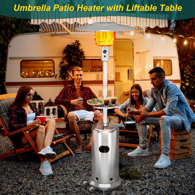 Stainless Steel Propane Patio Heater,48000BTU Outdoor Gas Heater with Ignition Systems and Wheels, Deck Heater for Backyard Garden Restaurant Cafes,Double-Layer Burner,Cover Up 200 Sq.ft