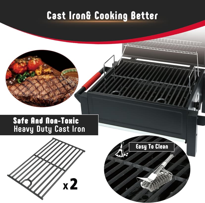 Portable Charcoal BBQ Grills with Cast Iron Grates, Tabletop Charcoal Grills with 354 Sq. In Cooking Area, for Outdoor Camping and Picnic, Black, L26.8’’x W20’’x H21.3’’