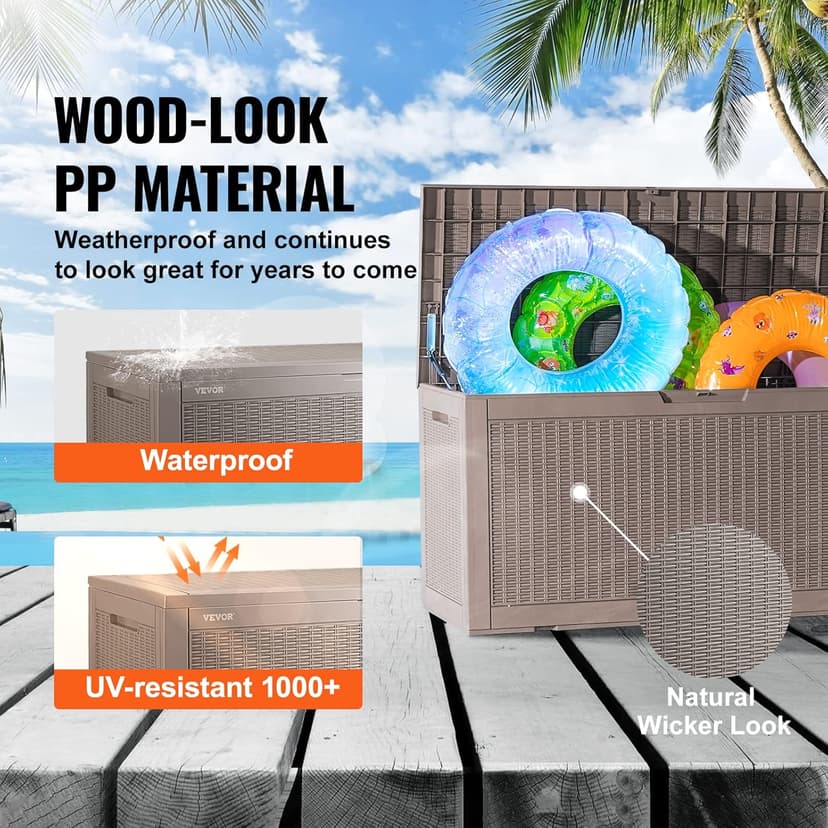 VEVOR Deck Box, 100 Gallon Outdoor Storage Box, 48.0" x 21.5" x 24.5", Waterproof PP Deckbox with Aluminum Alloy Padlock, for Patio Furniture, Garden Tools, Outdoor Cushions, Gray