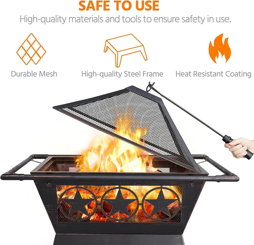 Yaheetech Fire Pit 32in Fire Pits for Outside Outdoor Fireplace Large Square Wood Burning Fire Pit Heavy Duty for Patio BBQ Camping Bonfire with Spark Screen, Mesh Cover, Poker