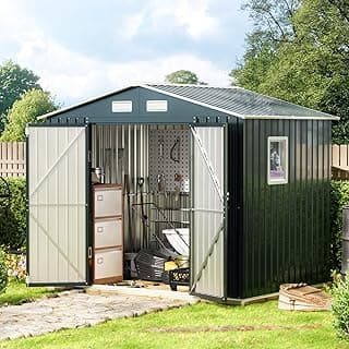 6X8X6.4FT Outdoor Steel Storage Shed with Lockable Doors, Frame Floor (No Wood/Other Boards),One Clear Window,Ideal for Garden, Backyard, Patio Storage