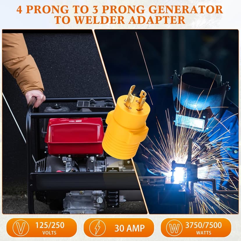 Kanayu Generator to Welder Adapter Compatible with Nema L14-30p to 6-50r 30 Amp 4 Prong Lock Male Plug to 3 Prong Female Receptacle Adapter Dryer Ev Charger Power Cord Connector 250v(Yellow)
