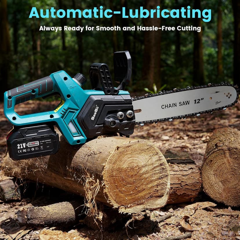 Seesii Chainsaw Cordless 12-inch, Electric HandHeld Chain Saw, 12-in Portable Chainsaw Battery Powered Saws for Trees Wood Cutting, 2 * 4.0Ah Battery and Charger Included, CH1200+