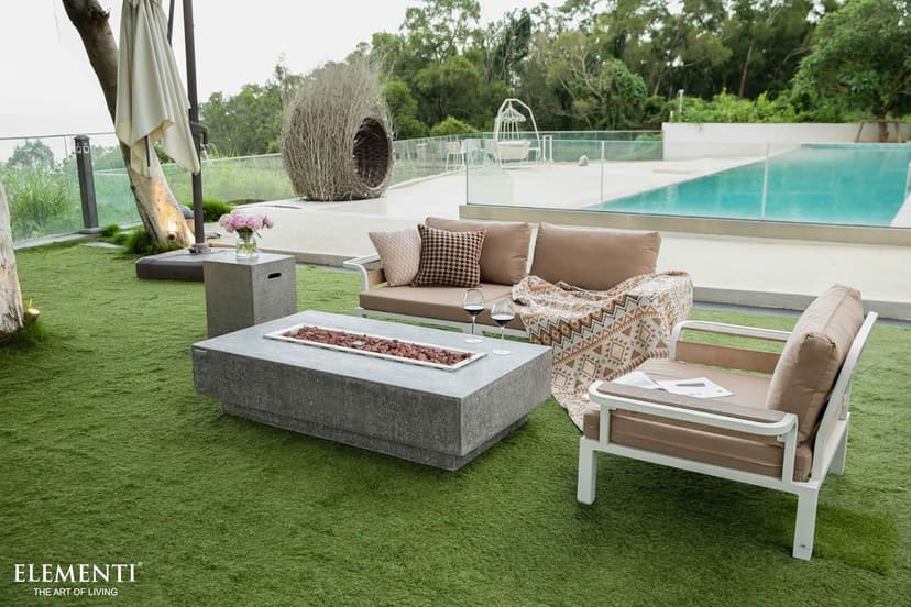 AMS Fireplace | Elementi | Large Rectangular Propane Fire Pit Table for Outside Patio | Canvas Cover, Lava Rocks, and Gas Key Valve Included | Fuel: Liquid Propane, Hampton - Light Grey