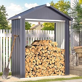 AECOJOY 5x2 Outdoor Firewood Storage Shed, Firewood Rack Outdoor Sheds & Outdoor Storage Clearance, Metal Tool Sheds Cabinet Waterproof for Backyard, Garden, Patio in Grey