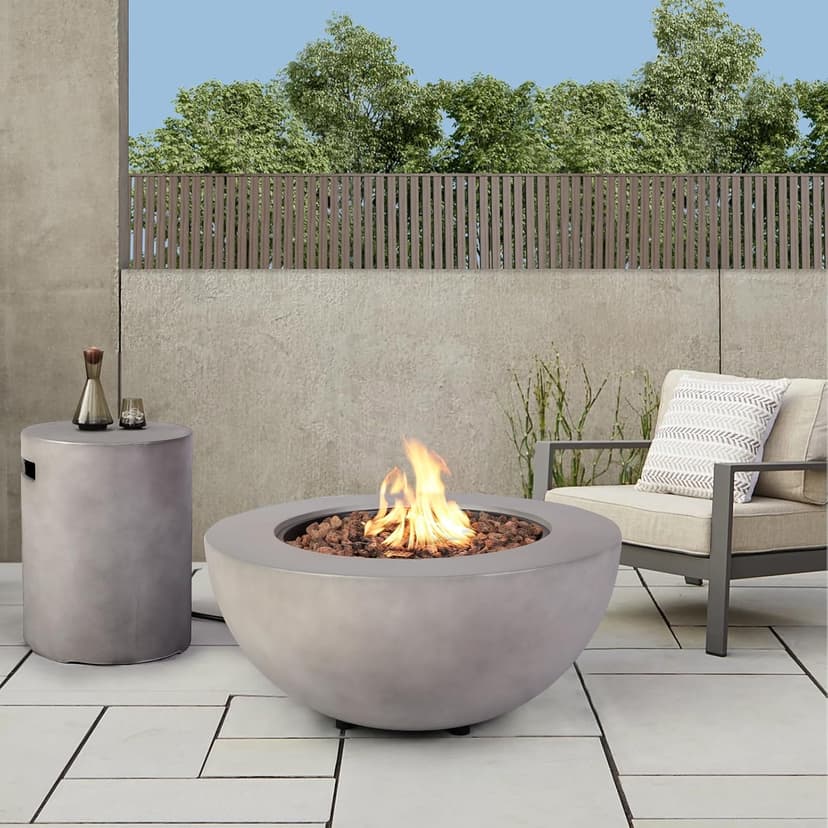 2-Piece Outdoor Propane Fire Pit Table Set w/Tank Cover Table, 31.5-inch 50,000 BTU CSA Certification Bowl Concrete Firepit SUS201 Round Burner with Steel Lid, Lava Rocks, Rain Cover…
