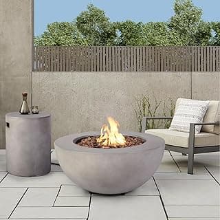 2-Piece Outdoor Propane Fire Pit Table Set w/Tank Cover Table, 31.5-inch 50,000 BTU CSA Certification Bowl Concrete Firepit SUS201 Round Burner with Steel Lid, Lava Rocks, Rain Cover…