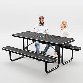 Metal Picnic Tables for Outdoors with Umbrella Hole - Coated Steel Heavy Duty Commercial Grade Table with Adjustable Seats, Patio Furniture Set for a Lifetime (6' Rectangular, Black)