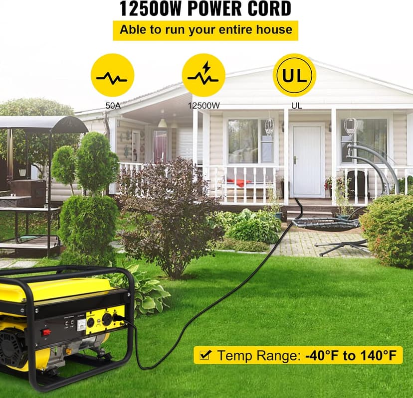 VEVOR 15 FT 50 Amp Generator Extension Cord 4 Wire 6 Gauge STW 6/3+8/1, 125V 250V Generator Power Cord N14-50P & SS2-50R with Portable Handle