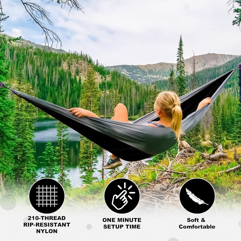 SZHLUX Camping Hammock Double & Single Portable Hammocks with 2 Tree Straps and Attached Carry Bag,Great for Outdoor,Indoor,Beach,Camping,Black & Grey, Large