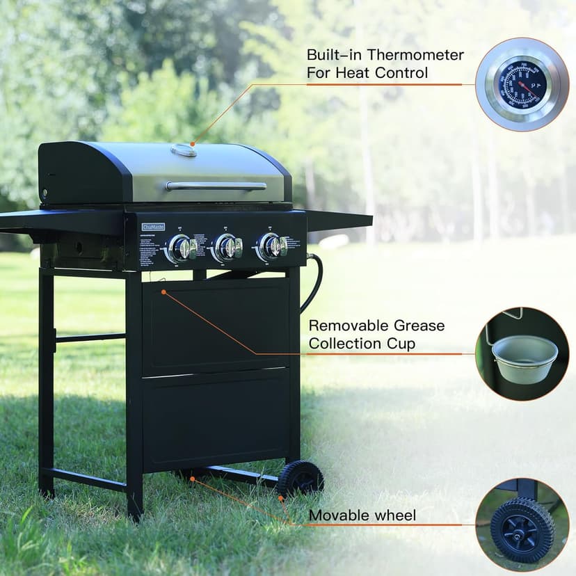 Grill Propane 3 Burner Gas Outside, Bbq with Thermometer, Patio grill For Small gatherings, asadores de gas 30000 BTU. Barbecue grill with Foldable Rack.