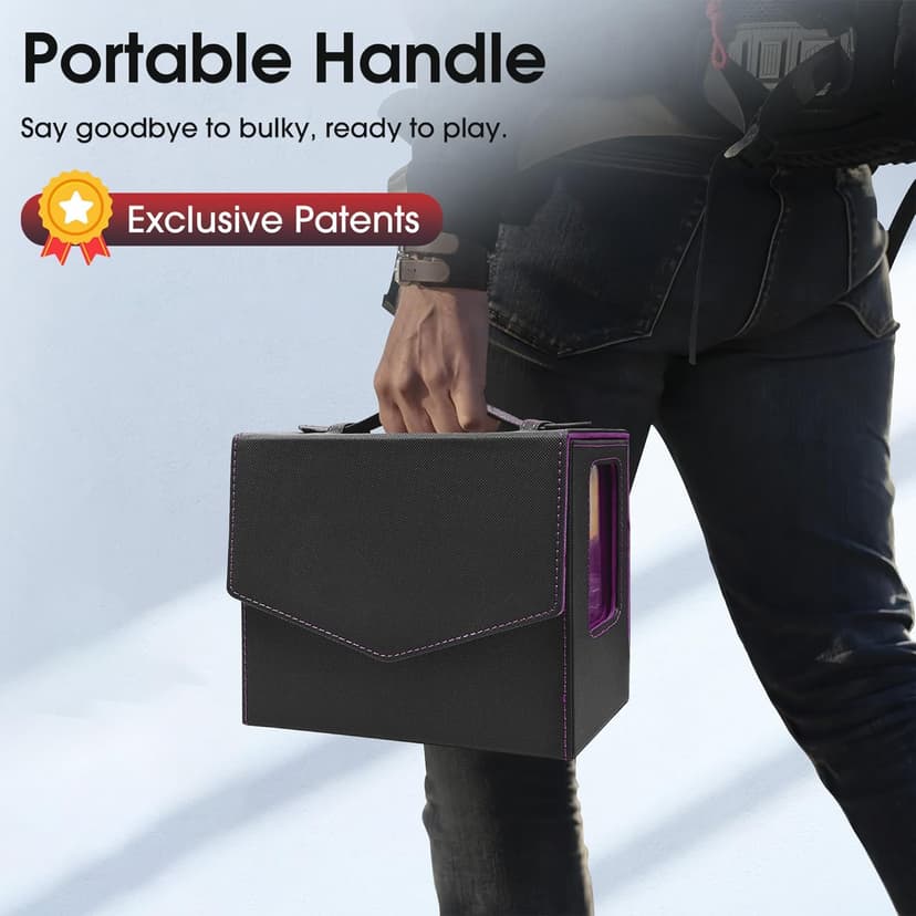 Deck Box MTG with Handle, 2 Commander Displays, 3-in-1 Card Deck Box Fits 236+ Double-sleeved Cards, Magnet Organizer with Dice Tray, 2 Card Holders, 6 Dividers for TCG, CCG -Black Purple(Patent)