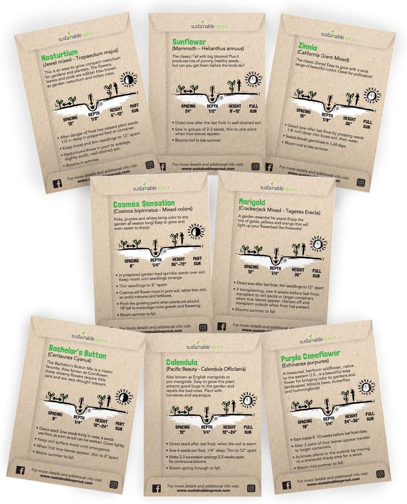 Seeds for Planting Flowers: 8 Bulk Variety Packets Zinnia, Nasturtium, Marigold, Purple Coneflower, Cosmos, Calendula, Bachelor's Button & Sunflower Seeds, Non GMO Flower Seeds by Sustainable Sprout