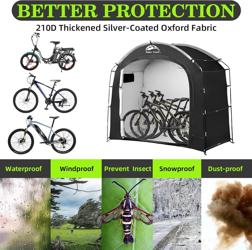 Happy Travel Bike Storage Tent Shed,Large Outdoor Waterproof Bicycle Covers Shelter with Window for 2/3 Bikes,Oversized Outside Portable Sheds for Lawn Mower,Garden Tools (Black)