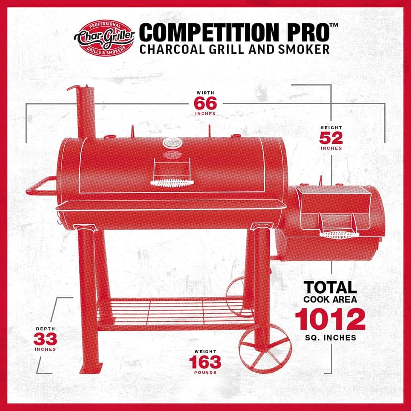 Char-Griller® Competition Pro® Barrel Grill and Offset Smoker, Includes Side Fire Box for Texas-Style Offset Smoking, Metal Cooking Grates, 1,010 Cooking Square Inches in Black, Model 2823 in Black