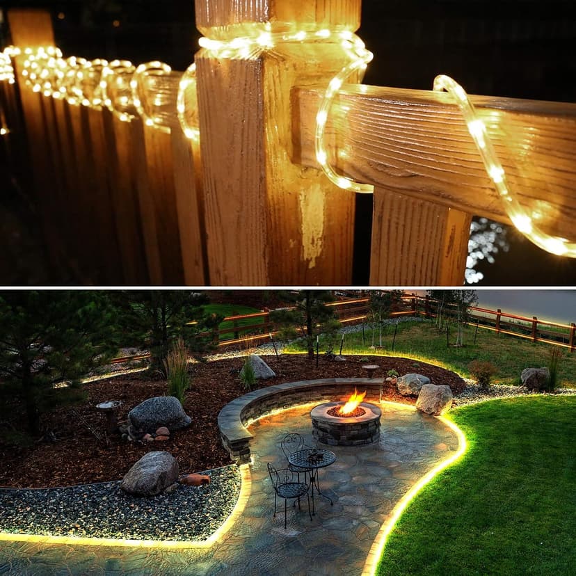 LE 33ft 240 LED Rope Lights Outdoor, Upgraded 2700K Warm White, 24 Volts Connectable, Classic 3/8 inch Clear Tube, Waterproof String Lights for Outside Patio Deck Railing Stair Fence Yard Landscape