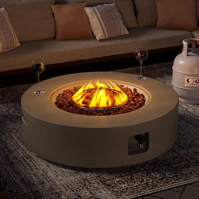 SUNBURY Outdoor 40" Propane Fire Pit Table, CSA Certified,50000 BTU Gray Patio Fire Table, Concrete Round Gas Fire Table w Lava Rocks (Tank Outside)